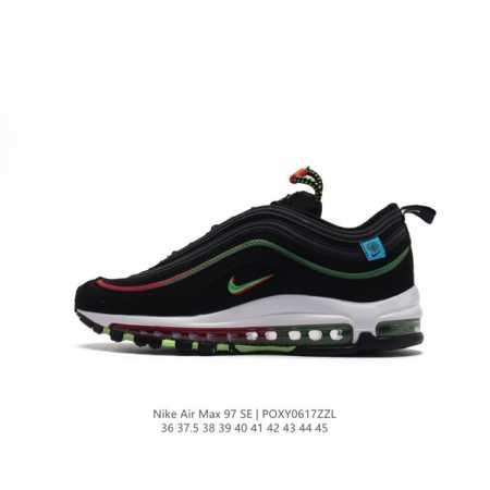 耐克 Nike Air Max 97 Se 耐克97子弹头气垫跑鞋 巧妙的运用了 Air Max 97 的鞋面条纹设计。全掌大容量 Nike Air 的先河，创 - 点击图像关闭