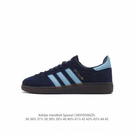 阿迪达斯 Adidas Handball Spezial 三叶草学院风复古休闲板鞋 德训鞋 橡胶底柔软皮革经典运动鞋板鞋。圆头、缝合拼接设计、正面绑带、鞋舌部位 - 点击图像关闭