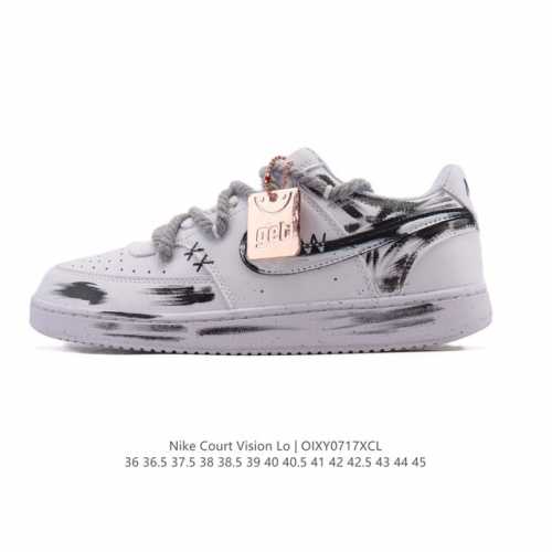 公司级 耐克Nike Court Vision Low 校园风低帮复古篮球板鞋男女运动鞋 解构绑带 双鞋带。延续80年代复古篮球鞋，添加学院风细节。皮革组合鞋面