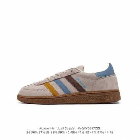公司级 阿迪达斯 Adidas Handball Spezial 低帮三叶草学院风复古休闲板鞋 德训鞋 橡胶底柔软皮革经典运动鞋板鞋。圆头、缝合拼接设计、正面绑 - 点击图像关闭