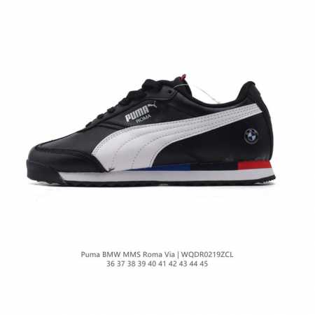 彪马 Puma Roma Via 赛车鞋 Bmw Roma宝马联名赛车休闲鞋 皮革减震防滑耐磨轻便运动板鞋 低帮跑步鞋首先是颜值方面，红蓝黑三色组成，有一种高贵 - 点击图像关闭