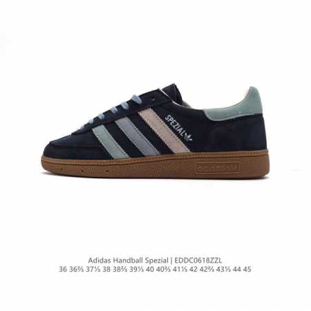 真标 阿迪达斯 Adidas Handball Spezial 低帮三叶草学院风复古休闲板鞋 德训鞋 橡胶底柔软皮革经典运动鞋板鞋。圆头、缝合拼接设计、正面绑带 - 点击图像关闭