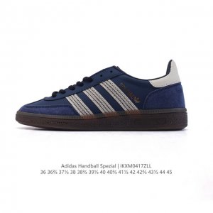 阿迪达斯 Adidas Handball Spezial 低帮三叶草学院风复古休闲板鞋 德训鞋 橡胶底柔软皮革经典运动鞋板鞋。圆头、缝合拼接设计、正面绑带、鞋舌