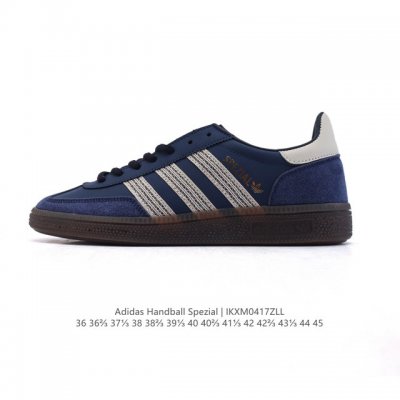 阿迪达斯 Adidas Handball Spezial 低帮三叶草学院风复古休闲板鞋 德训鞋 橡胶底柔软皮革经典运动鞋板鞋。圆头、缝合拼接设计、正面绑带、鞋舌