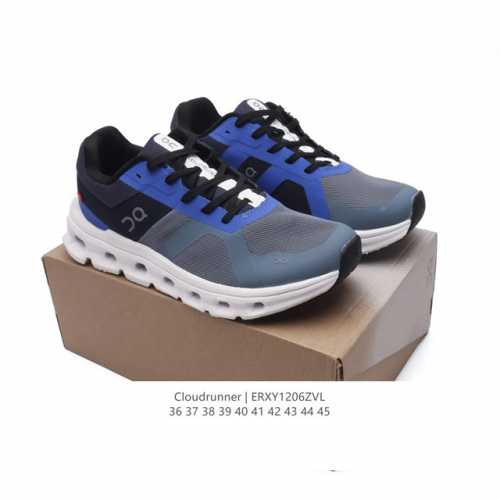 On昂跑丨cloudrunner 运动跑步鞋 厚底增高老爹鞋。延续加宽中底设计，结合后跟 Tpu 贴片，再怎么变速，都紧跟脚步。宽厚鞋底，托住每一步、平稳落地c