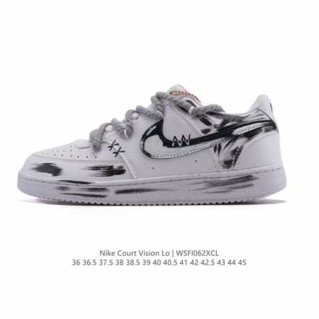 公司级 耐克Nike Court Vision Low 校园风低帮复古篮球板鞋男女运动鞋 解构绑带 双鞋带。延续80年代复古篮球鞋，添加学院风细节。皮革组合鞋面 - 点击图像关闭