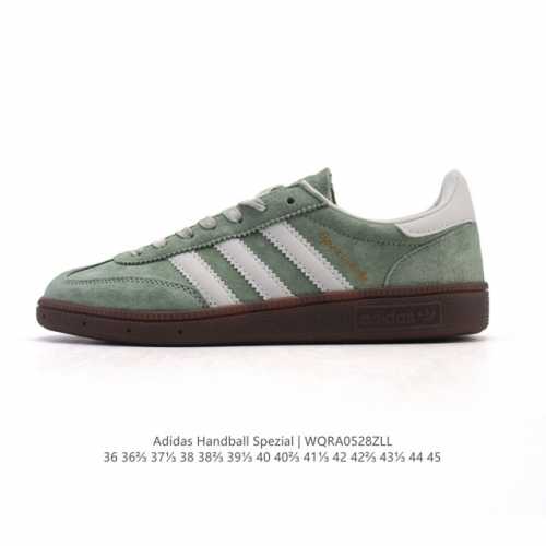 阿迪达斯 Adidas Handball Spezial 低帮三叶草学院风复古休闲板鞋 德训鞋 橡胶底柔软皮革经典运动鞋板鞋 圆头 缝合拼接设计 正面绑带 鞋舌