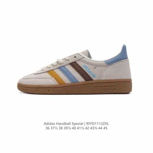 阿迪达斯 Adidas Handball Spezial 低帮三叶草学院风复古休闲板鞋 德训鞋 橡胶底柔软皮革鞋面 经典运动鞋板鞋。圆头、缝合拼接设计、正面绑带