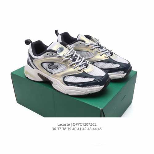 Lacoste 时尚户外休闲潮流系列运动鞋 厚底增高老爹鞋 广东大厂品质全新工艺升级 品质毋庸置疑 全新原厂包装鞋盒 透气网面鞋面，搭配防臭防腐真皮乳胶鞋垫，给