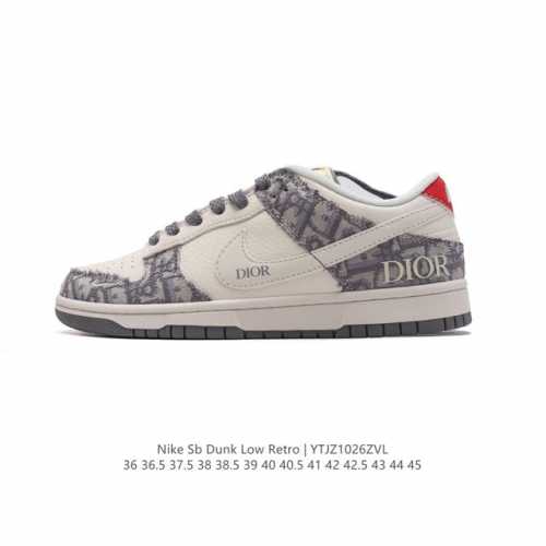 耐克 Nike Dunk Low Retro 运动鞋 迪奥联名 复古滑板鞋。作为 80 年代经典篮球鞋款，起初专为硬木球场打造，后来成为席卷街头的时尚标杆，现以
