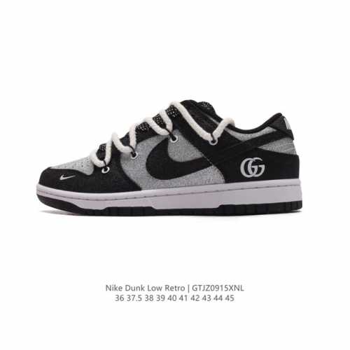 公司级 耐克 Nike Dunk Low Retro 运动鞋 解构绑带 双鞋带 Gucci联名 复古板鞋。作为 80 年代经典篮球鞋款，起初专为硬木球场打造，后
