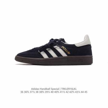 阿迪达斯 Adidas Handball Spezial 低帮三叶草学院风复古休闲板鞋 德训鞋 橡胶底柔软皮革经典运动鞋板鞋。圆头、缝合拼接设计、正面绑带、鞋舌 - 点击图像关闭