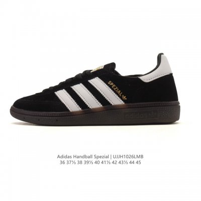 阿迪达斯 Adidas Handball Spezial 低帮三叶草学院风复古休闲板鞋 德训鞋 橡胶底柔软皮革织物拼接经典运动鞋板鞋。圆头、缝合拼接设计、正面绑