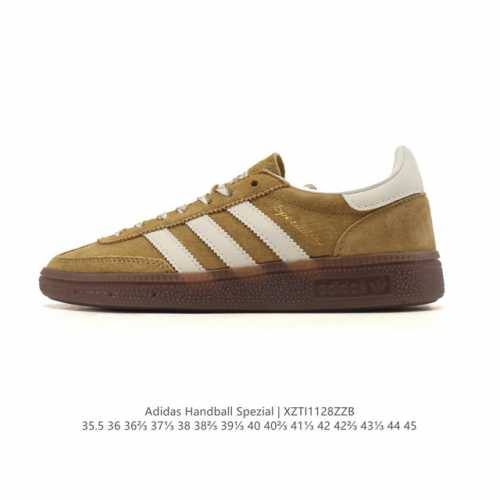 阿迪达斯 Adidas Handball Spezial 低帮三叶草学院风复古休闲板鞋 德训鞋 橡胶底柔软皮革拼接经典运动鞋板鞋。圆头、缝合拼接设计、正面绑带、
