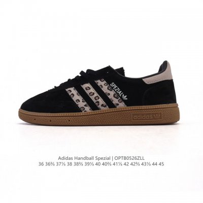 阿迪达斯 Adidas Handball Spezial 低帮三叶草学院风复古休闲板鞋 德训鞋 橡胶底柔软皮革经典运动鞋板鞋 圆头 缝合拼接设计 正面绑带 鞋舌