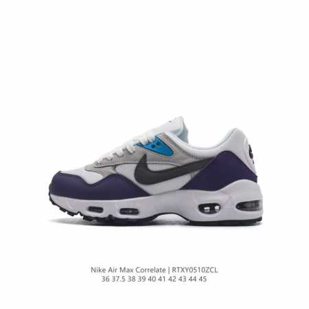 耐克 Nike Air Max Correlate 男女子气垫缓震耐磨运动鞋时尚潮流休闲透气跑步鞋 选用网眼鞋面，脚感舒适透气。鞋舌、鞋侧及后跟处饰有品牌标识， - 点击图像关闭