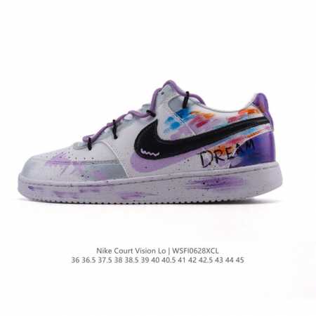 公司级 耐克Nike Court Vision Low 校园风低帮复古篮球板鞋男女运动鞋 解构绑带 双鞋带。延续80年代复古篮球鞋，添加学院风细节。皮革组合鞋面 - 点击图像关闭
