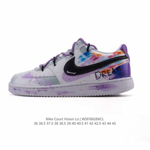 公司级 耐克Nike Court Vision Low 校园风低帮复古篮球板鞋男女运动鞋 解构绑带 双鞋带。延续80年代复古篮球鞋，添加学院风细节。皮革组合鞋面