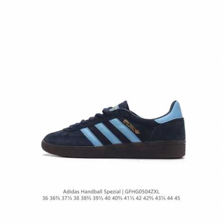 阿迪达斯 Adidas Handball Spezial 三叶草学院风复古休闲板鞋 德训鞋 橡胶底柔软皮革经典运动鞋板鞋。圆头、缝合拼接设计、正面绑带、鞋舌部位 - 点击图像关闭