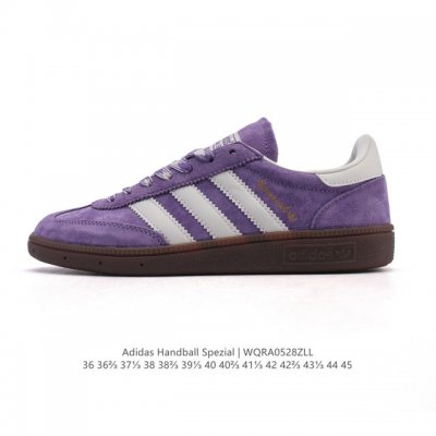阿迪达斯 Adidas Handball Spezial 低帮三叶草学院风复古休闲板鞋 德训鞋 橡胶底柔软皮革经典运动鞋板鞋 圆头 缝合拼接设计 正面绑带 鞋舌