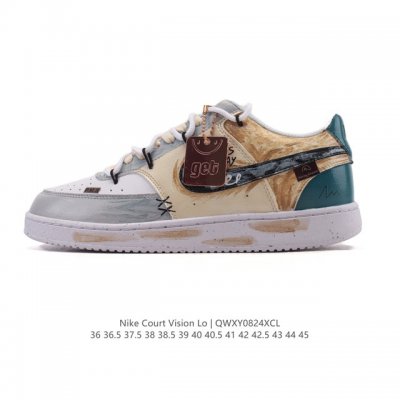 公司级 耐克Nike Court Vision Low 校园风低帮复古篮球板鞋男女运动鞋 解构绑带 双鞋带。延续80年代复古篮球鞋，添加学院风细节。皮革组合鞋面
