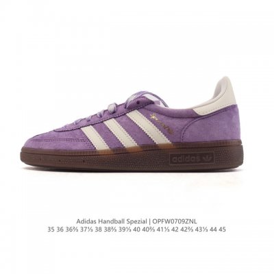公司级 阿迪达斯 Adidas Handball Spezial 低帮三叶草学院风复古休闲板鞋 德训鞋 橡胶底柔软皮革经典运动鞋板鞋。圆头、缝合拼接设计、正面绑