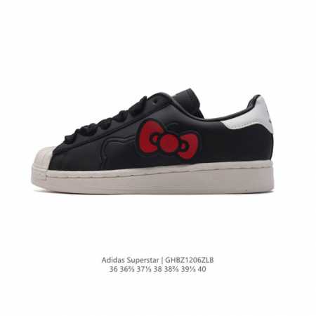 阿迪达斯 新款 Adidas Superstar 三叶草 经典贝壳头系列 新款休闲板鞋 Hellokitty 猫 大蝴蝶结 潮流女士运动鞋 。鞋面柔软皮革材质 - 点击图像关闭
