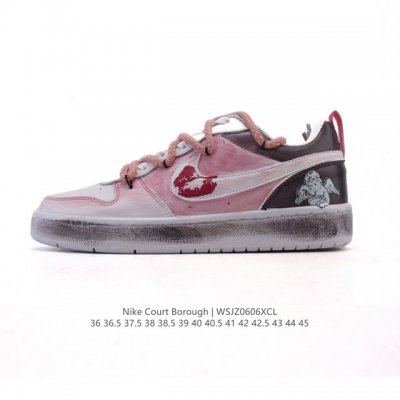 公司级 耐克 Nike 男女子运动鞋 Court Borough Low 解构绑带 双鞋带 小空军低帮板鞋。1.其皮革材质的鞋面结合网眼鞋舌，在出众外观与质感的