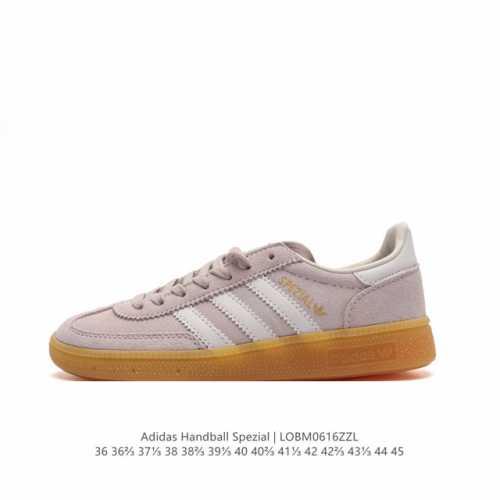阿迪达斯 Adidas Handball Spezial 中帮三叶草学院风复古休闲板鞋 德训鞋 橡胶底柔软皮革经典运动鞋板鞋。圆头、缝合拼接设计、正面绑带、鞋舌