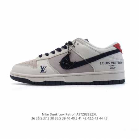 耐克 Nike Dunk Low Retro 运动鞋复古板鞋 路易威登联名。作为 80 年代经典篮球鞋款，起初专为硬木球场打造，后来成为席卷街头的时尚标杆，现以 - 点击图像关闭
