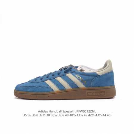 阿迪达斯 Adidas Handball Spezial 三叶草学院风复古休闲板鞋 德训鞋 橡胶底柔软皮革经典运动鞋板鞋。圆头、缝合拼接设计、正面绑带、鞋舌部位 - 点击图像关闭