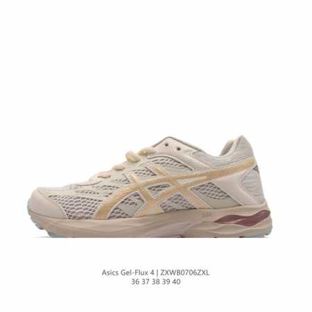 ASICS 亚瑟士 Gel-Flux 4 女子运动鞋舒适跑鞋缓震透气跑步鞋 。GEL-FLUX4采用的是新一代轻质网布面，大孔洞设计极具透气性，柔软包覆双脚，让 - 点击图像关闭