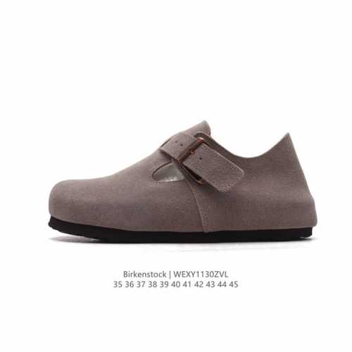 Birkenstock Boston Vl 勃肯男女鞋 加绒加毛 秋冬新款 绒面金属针扣软木底包头运动板鞋 天鹅绒般的绒面革赋子休闲的经典外观，牛皮绒面革质地柔