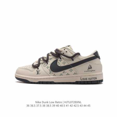 耐克 Nike Dunk Low Retro 运动鞋经典复古板鞋 路易威登联名 解构绑带 双鞋带。作为 80 年代经典篮球鞋款，起初专为硬木球场打造，后来成为席 - 点击图像关闭