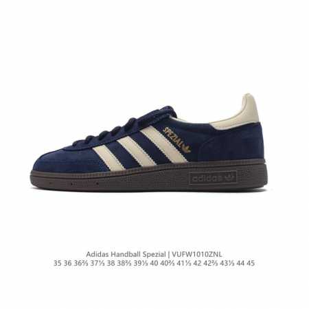 公司级 阿迪达斯 Adidas Handball Spezial 低帮三叶草学院风复古休闲板鞋 德训鞋 橡胶底柔软皮革经典运动鞋板鞋。圆头、缝合拼接设计、正面绑 - 点击图像关闭