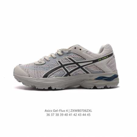 Asics 亚瑟士 Gel-Flux 4 男女子运动鞋舒适跑鞋缓震透气跑步鞋 。Gel-Flux4采用的是新一代轻质网布面，大孔洞设计极具透气性，柔软包覆双脚， - 点击图像关闭
