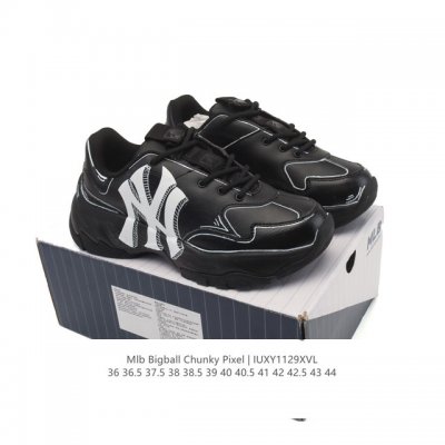 公司级 韩国Mlb 男女复古老爹 Mlb Bigball Chunky pixel 复古印花 解构绑带 双鞋带 男女厚底增高纽约洋基队老爹运动休闲跑步鞋 ，Ml