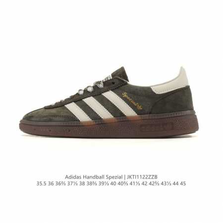 阿迪达斯 Adidas Handball Spezial 低帮三叶草学院风复古休闲板鞋 德训鞋 橡胶底柔软皮革拼接经典运动鞋板鞋。圆头、缝合拼接设计、正面绑带、 - 点击图像关闭