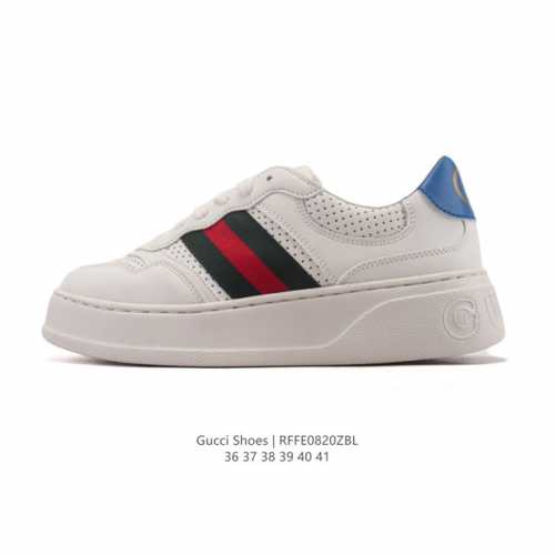 帝王版 Gucci 古驰 百搭休闲运动板鞋。明星同款 小红书爆款老花 小白鞋 厚底增高女士运动鞋 皮革透气孔鞋面 真标 2025新色，经典高奢品牌Gucci古驰