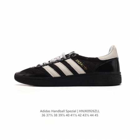 阿迪达斯 Adidas Handball Spezial 低帮三叶草学院风复古休闲板鞋 德训鞋 橡胶底柔软皮革经典运动鞋板鞋。圆头、缝合拼接设计、正面绑带、鞋舌 - 点击图像关闭