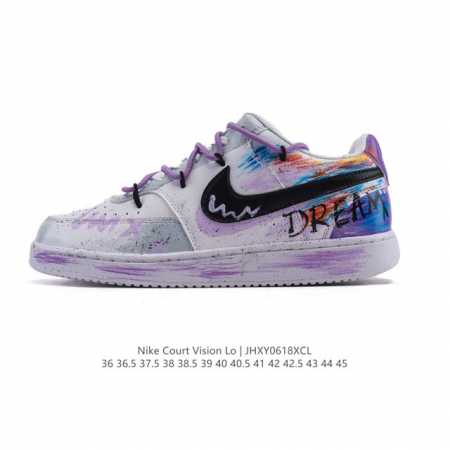 公司级 耐克Nike Court Vision Low 校园风低帮复古篮球板鞋男女运动鞋 解构绑带 双鞋带。延续80年代复古篮球鞋，添加学院风细节。皮革组合鞋面 - 点击图像关闭
