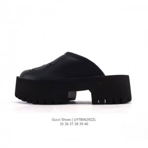 Gucci 古驰 2025夏最新包头拖鞋 女士高跟鞋 方跟 粗跟 时尚潮流百搭女士拖鞋 双G老花一字拖 厚底增高女士凉拖鞋 沙滩鞋休闲舒适拖鞋。 尺码：35-4