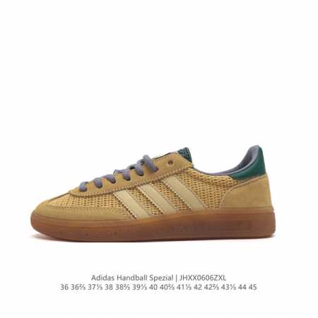 阿迪达斯 Adidas Handball Spezial 三叶草学院风复古休闲板鞋 德训鞋 橡胶底柔软皮革经典运动鞋板鞋。圆头、缝合拼接设计、正面绑带、鞋舌部位 - 点击图像关闭