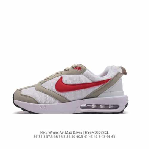耐克 Nike Air Max Dawn 黎明系列 低帮气垫百搭休闲运动慢跑鞋，从配色上彰显出浓厚的复古气质。最大的亮点当属鞋型设计上加入结构元素，汲取1984