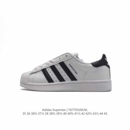 阿迪达斯 Adidas Superstar 三叶草经典贝壳头系列 新款休闲板鞋潮流男女士运动鞋 。鞋面柔软皮革材质 标志性的贝壳鞋头，锯齿三条纹，简约的线条。就 - 点击图像关闭