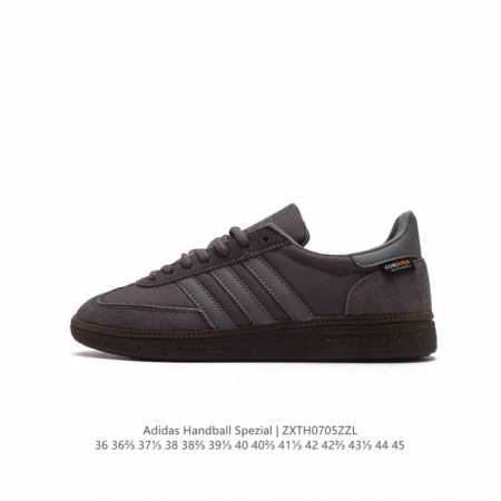 阿迪达斯 Adidas HANDBALL SPEZIAL 低帮三叶草学院风复古休闲板鞋 德训鞋 橡胶底织物皮革拼接鞋面 经典运动鞋板鞋。圆头、缝合拼接设计、正面 - 点击图像关闭