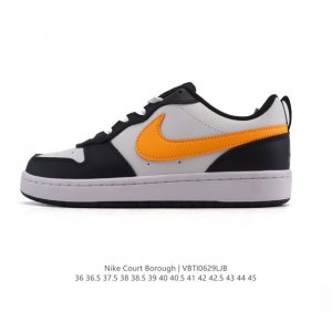 二层皮 耐克 Nike 男女子运动鞋 Court Borough Low 小空军低帮板鞋。1.其皮革材质的鞋面结合网眼鞋舌，在出众外观与质感的同时提供稳固支撑，