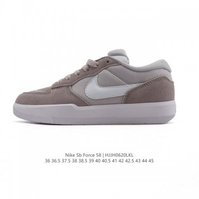 公司级 耐克Nike Sb Force 58 运动滑板鞋。这是一款将前沿创新带入街头的单品，它具有硫化杯底，具有出色的耐用性和灵活性。使用柔软皮革织物拼接，在饰