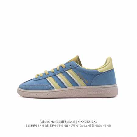 阿迪达斯 Adidas Handball Spezial 三叶草学院风复古休闲板鞋 德训鞋 橡胶底柔软皮革经典运动鞋女士板鞋。圆头、缝合拼接设计、正面绑带、鞋舌 - 点击图像关闭