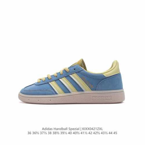 阿迪达斯 Adidas Handball Spezial 三叶草学院风复古休闲板鞋 德训鞋 橡胶底柔软皮革经典运动鞋女士板鞋。圆头、缝合拼接设计、正面绑带、鞋舌